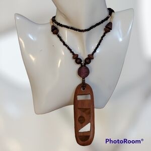 Vtg Long Wood Carved Ethnic Pendant Horn Beaded Lavalier Necklace
